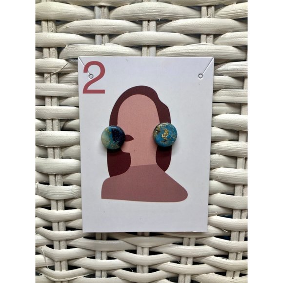 Hand Made | Blue & Gold Flake Polymer Clay Circle Stud Earrings | Set of Studs | - Picture 2 of 6